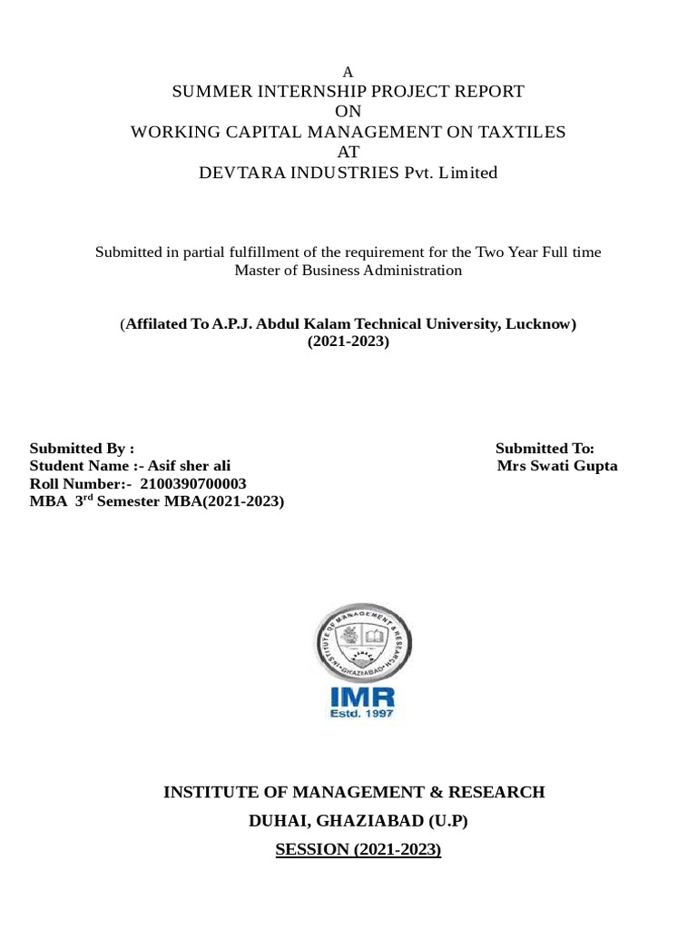 New Mba 2 Year Project | PDF | Working Capital | Textiles