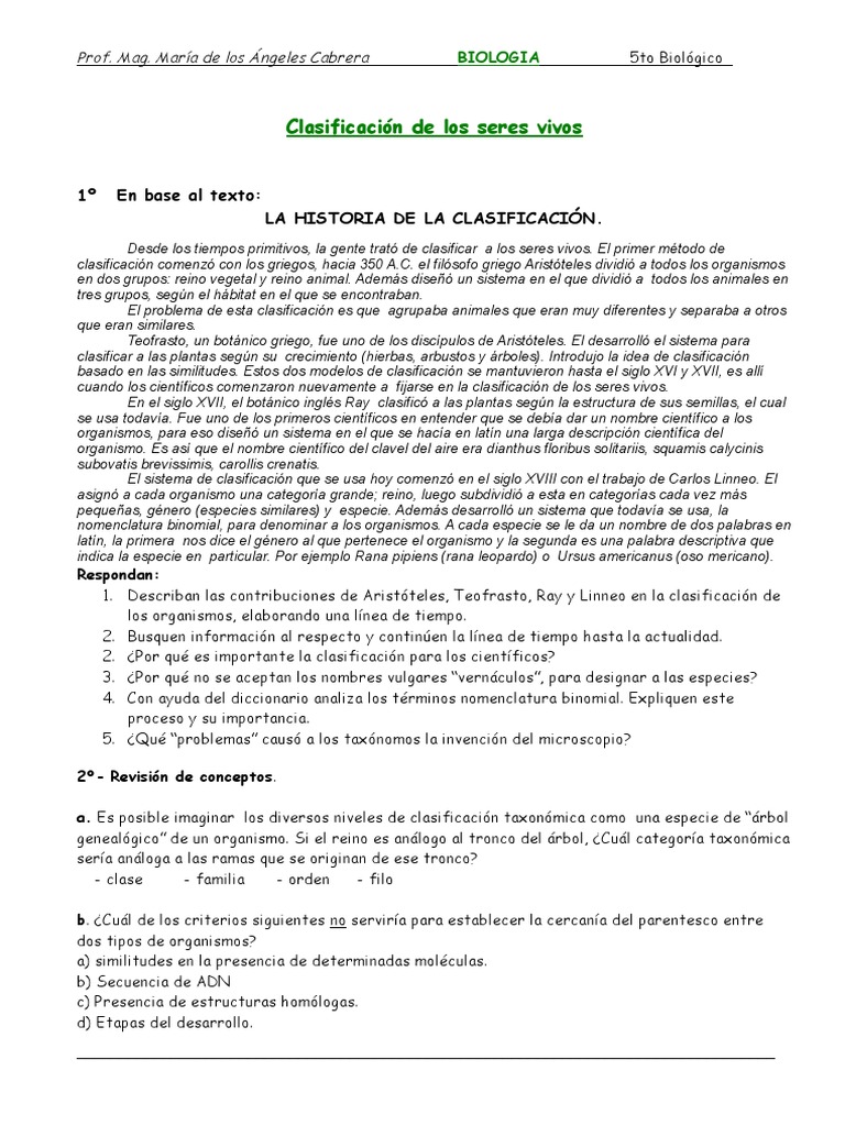 Clasificacion De Los Seres Vivos Pdf Taxonomía Biología Especies
