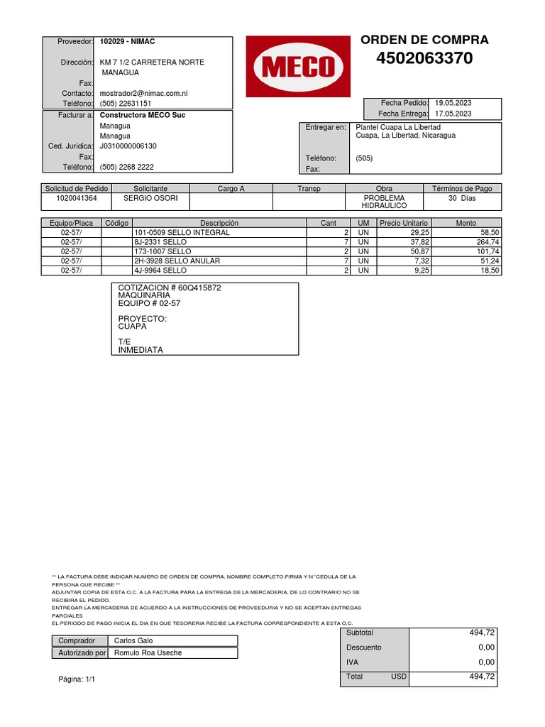Orden de Compra NIMAC - Proyecto Cuapa | PDF