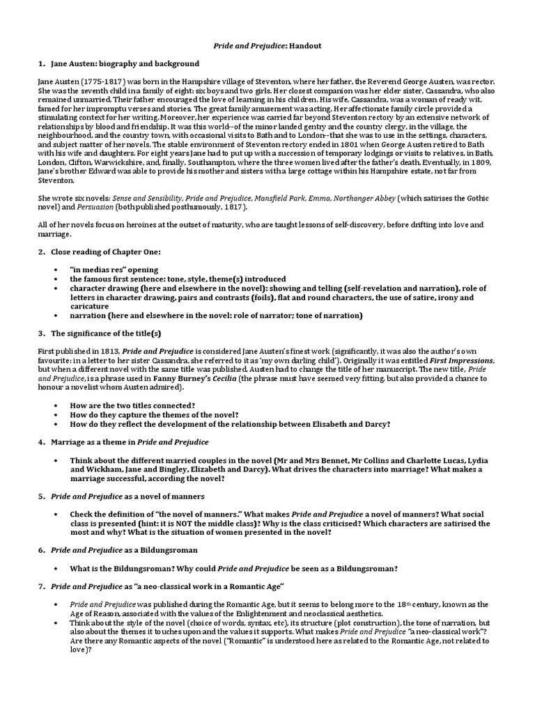 Pride and Prejudice - Handout | PDF | Jane Austen | Novels About Nobility
