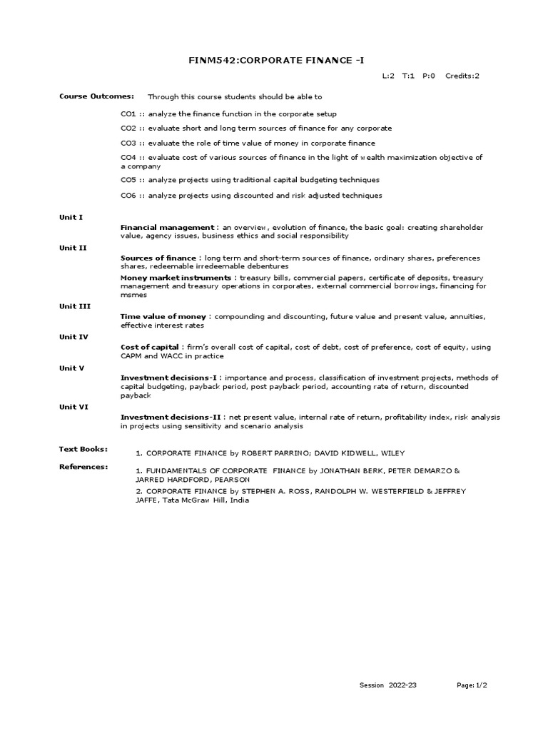 Corporate Finance I Course Outline | PDF | Cost Of Capital | Capital ...