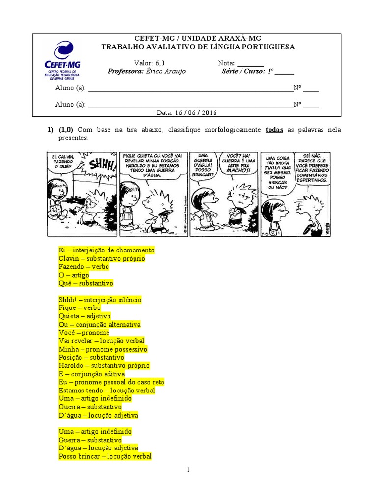 Trabalho Avaliativo 2b Classes de Palavras | PDF | Pronome | Substantivo