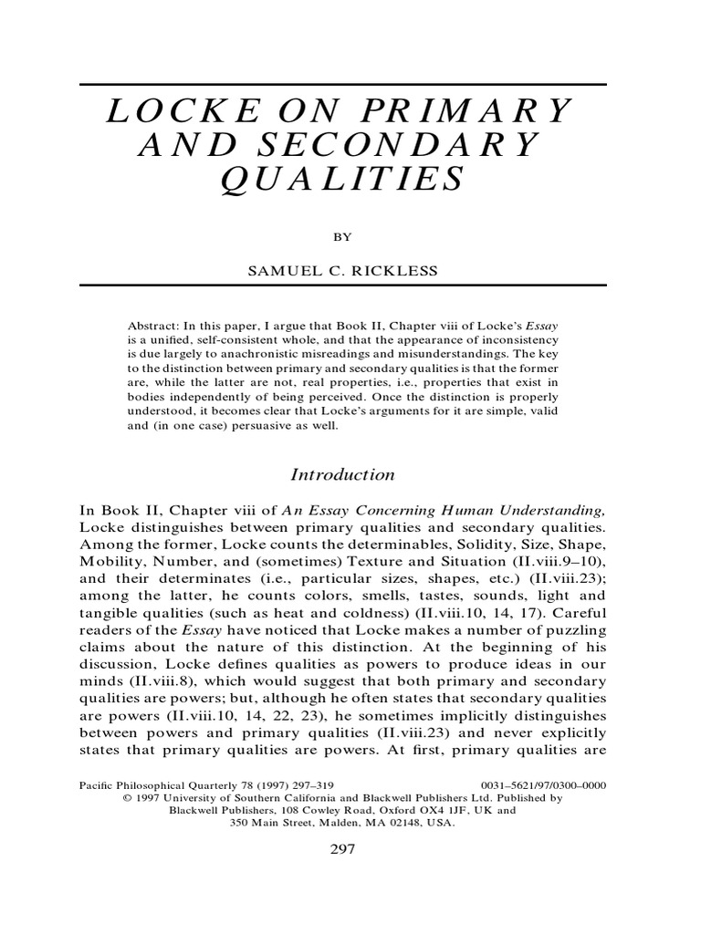 Locke On Primary and Secondary Qualities Samuel Rickless PDF Idea