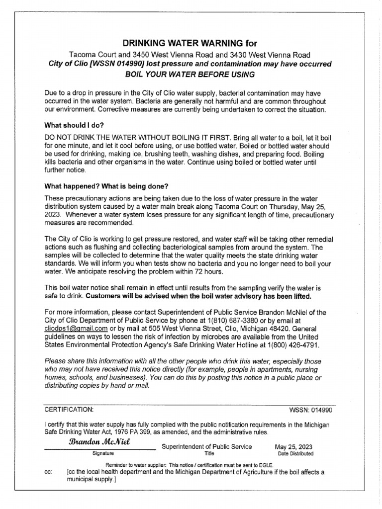 Drinking Water Warning City of Clio 052523 PDF