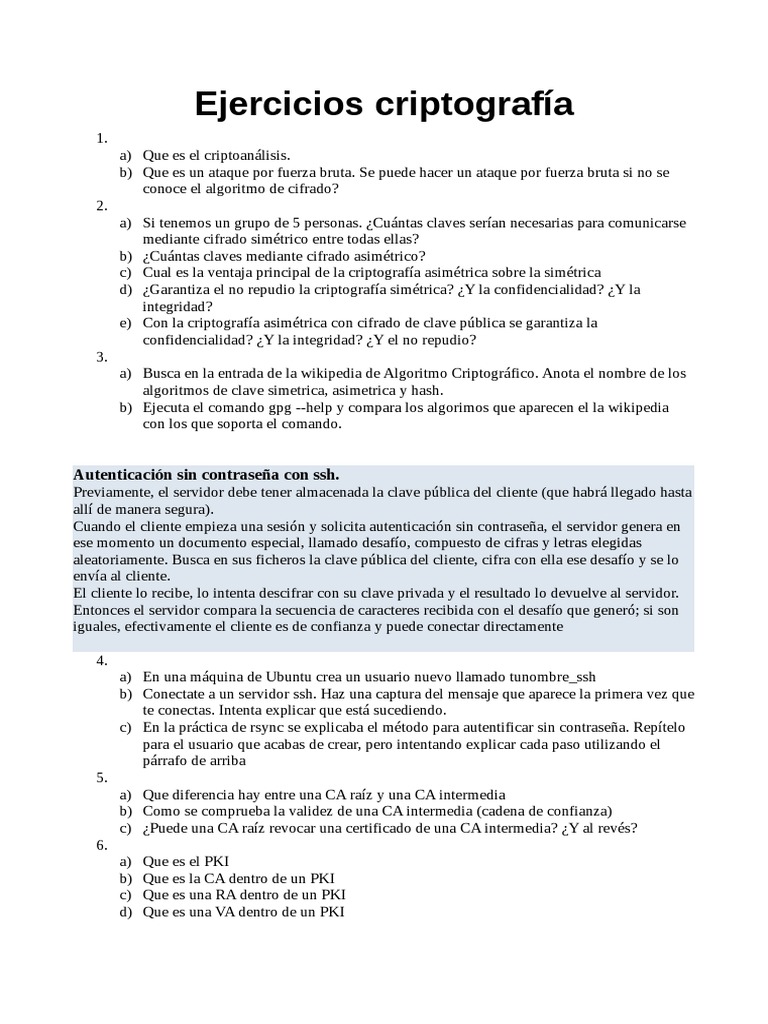 Cuestionario de Criptografía y Ejercicios | PDF | Clave (criptografía) | Criptografía de clave ...