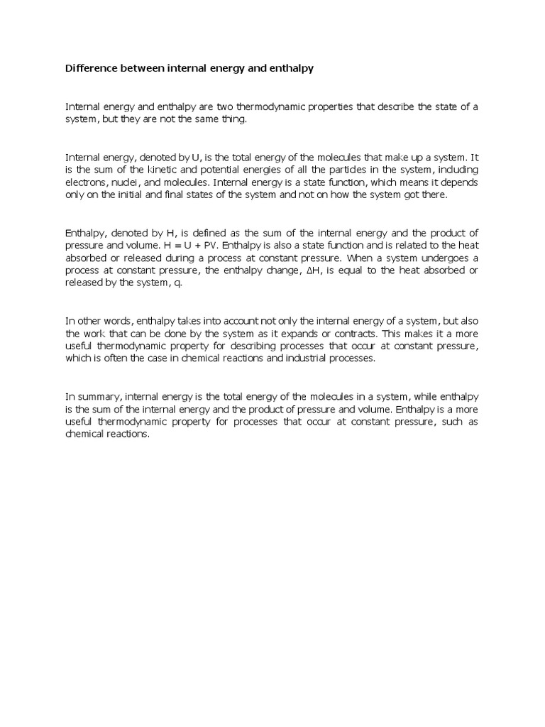 Internal Energy vs. Enthalpy Explained | PDF