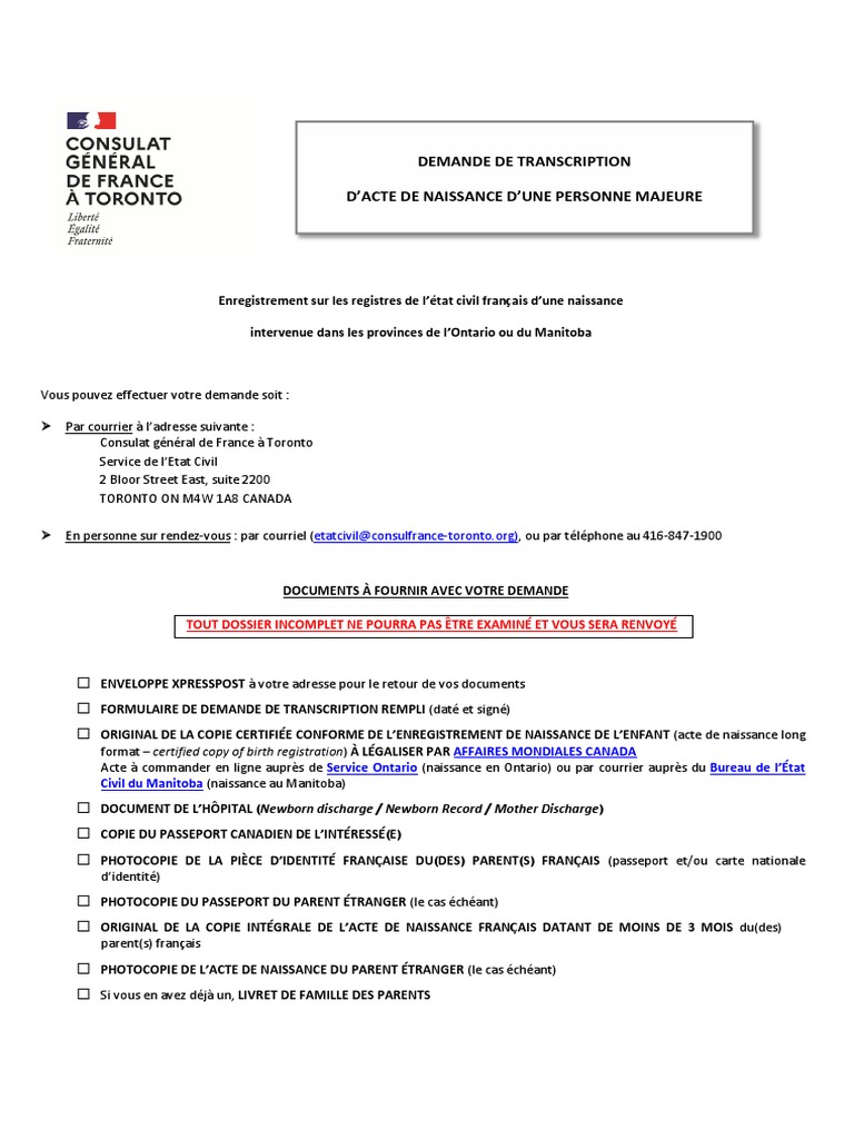 Demande de transcription acte de naissance | PDF | Certificat de ...