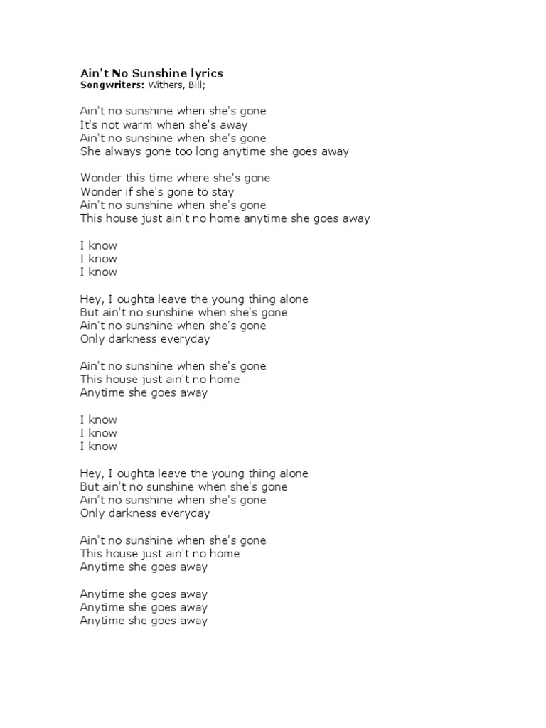 Aint No Sunshine Lyrics PDF