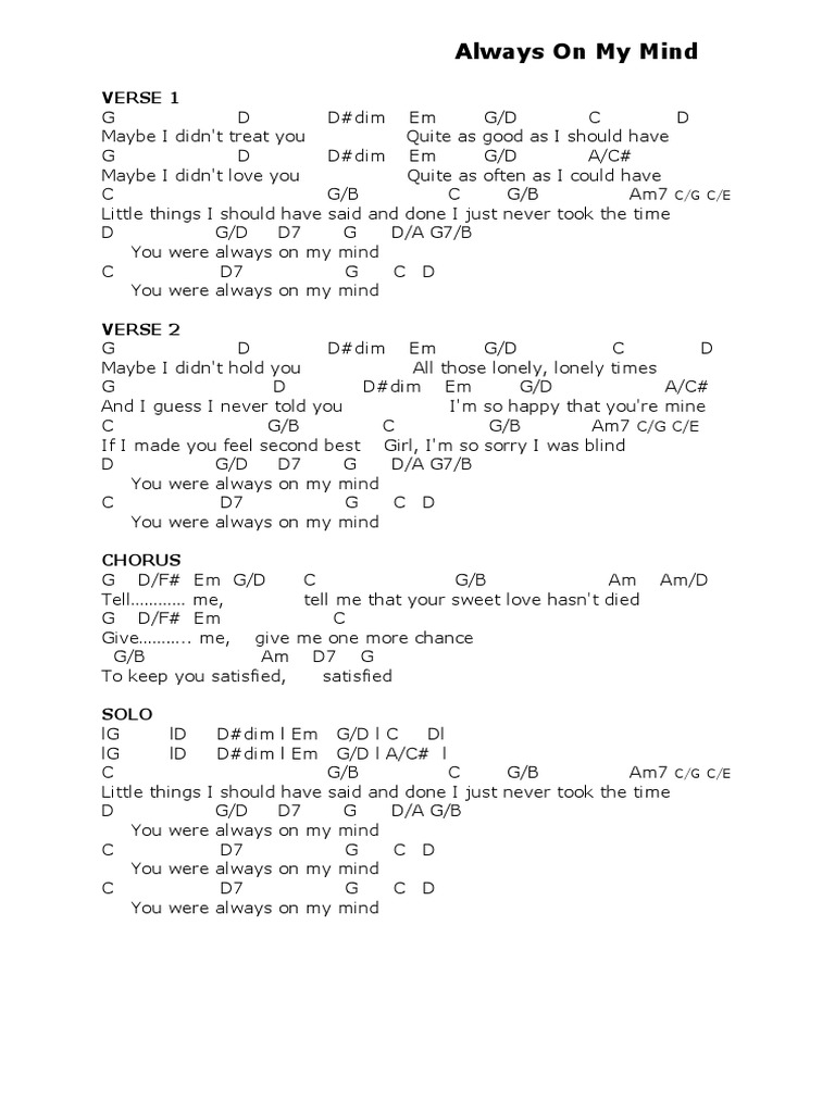 Always On My Mind Lyrics and Chords PDF