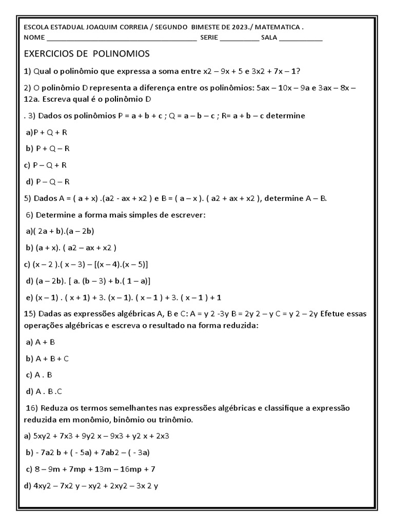 Exercícios de Polinômios para 8º Ano | PDF | Ciência da Computação ...