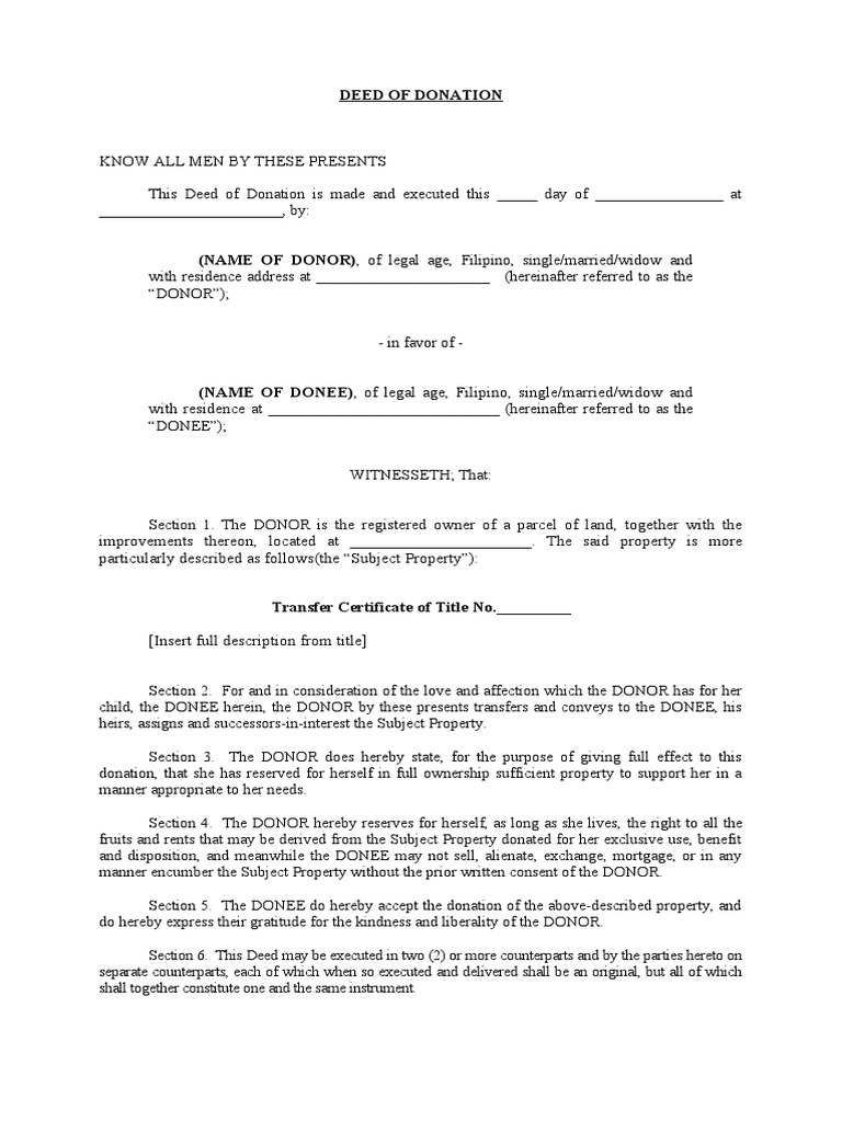 Sample Deed of Donation PDF Title (Property) Civil Law (Legal System)