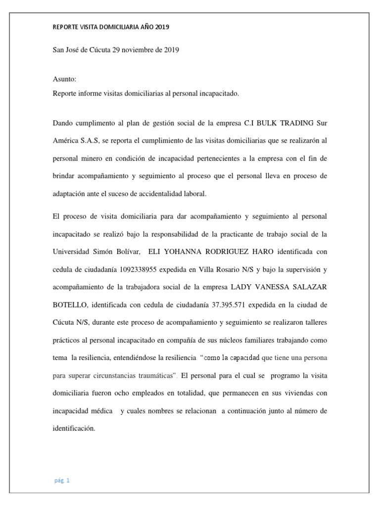 Visitas Domiciliarias Personal Incapacitado 2019. | PDF
