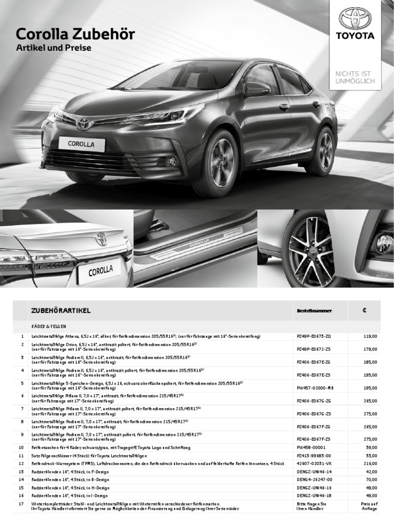 Toyota-Corolla Zubehoer Preisliste 2016-10 M11111Z tcm-17-927988