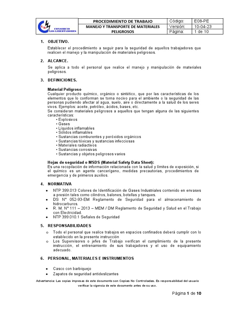 Procedimiento de Manejo de Materiales Peligrosos | PDF | Mercancías ...