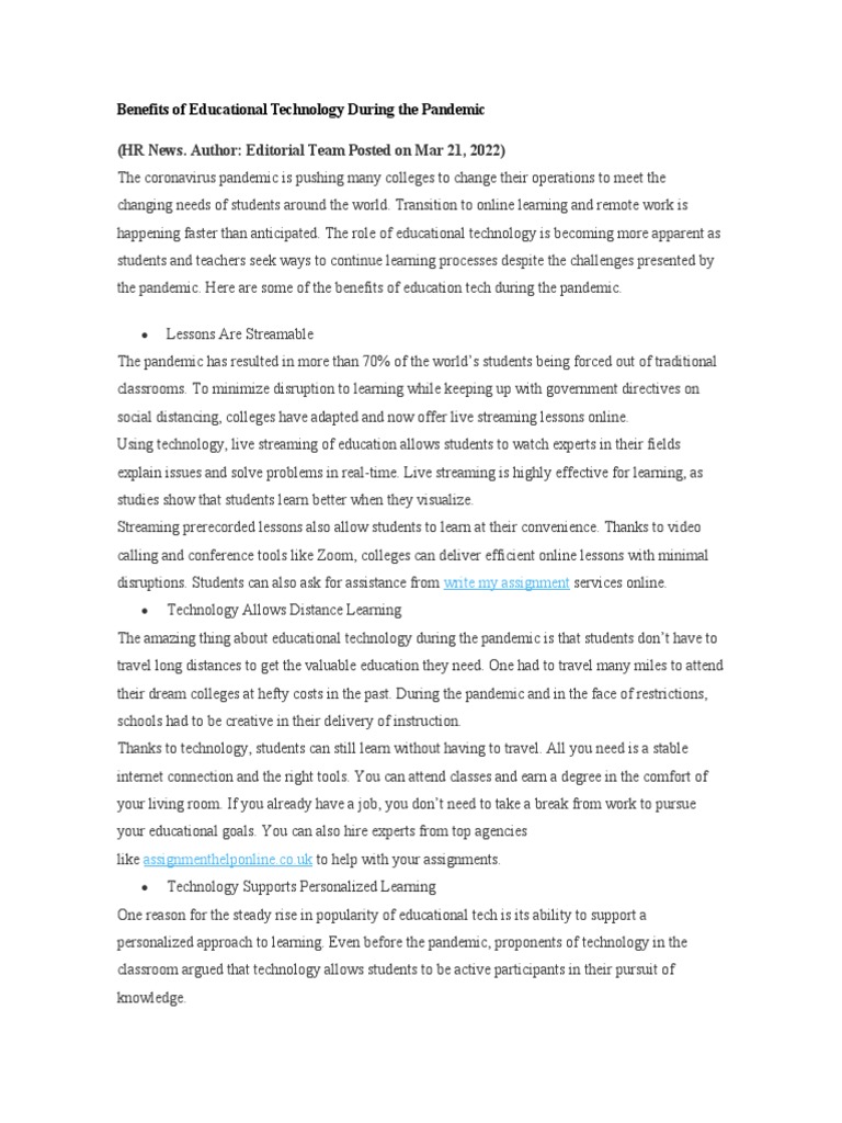 Benefits of EdTech in Pandemic Learning | PDF | Educational Technology ...