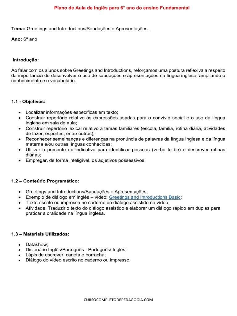 Plano de Aula de Ingles para 6° Ano Do Ensino Fundamental | PDF