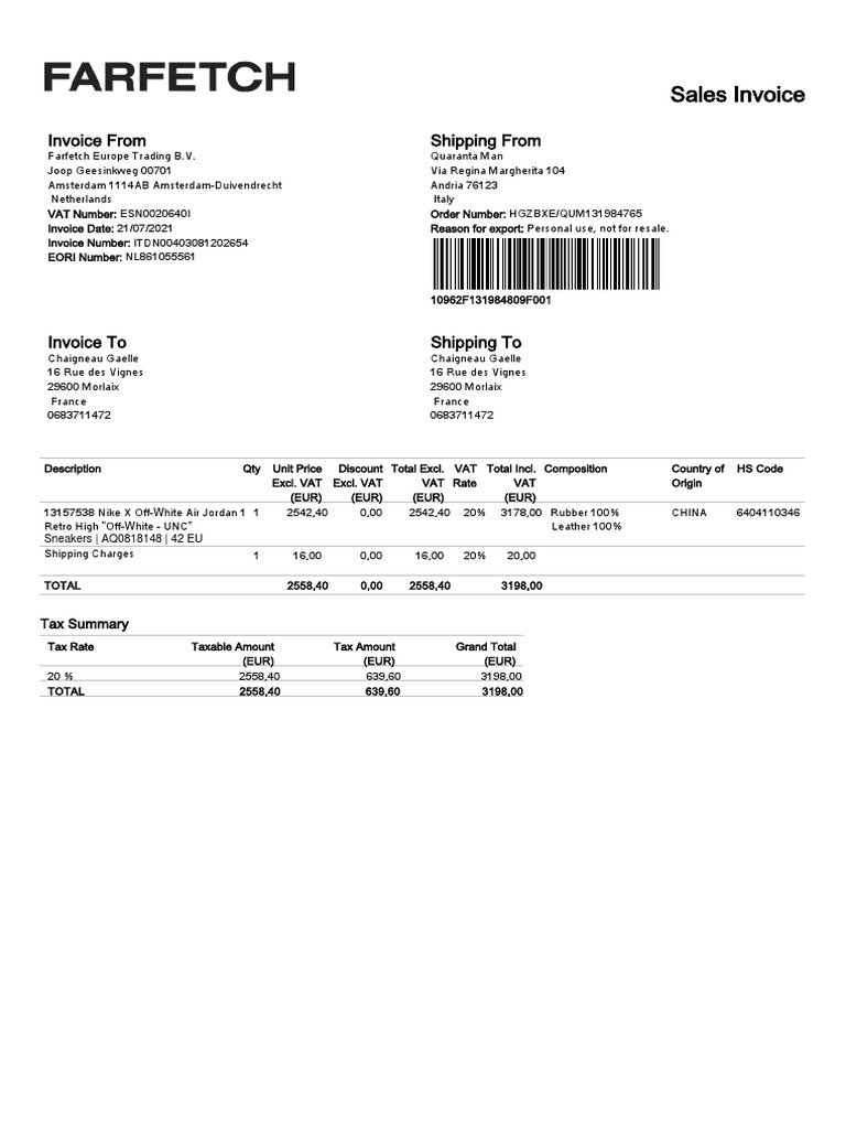 Facture farfetch og white download free pdf value added tax invoice