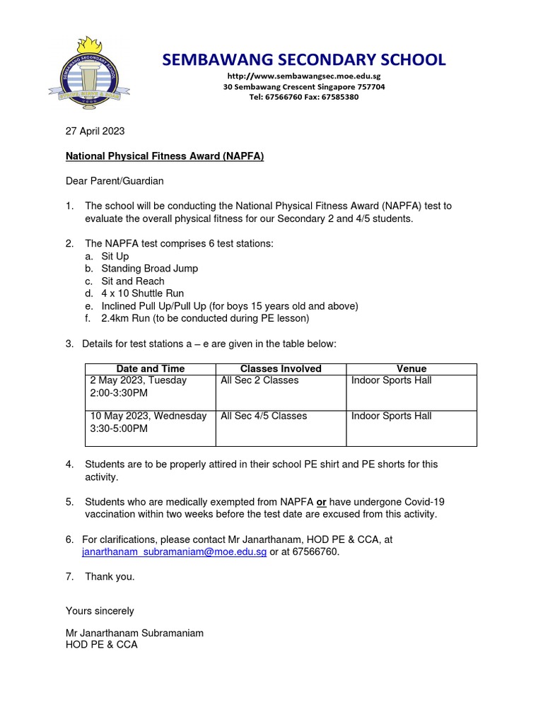 Sembawang Sec NAPFA Test Details 2023 | PDF | Technology & Engineering