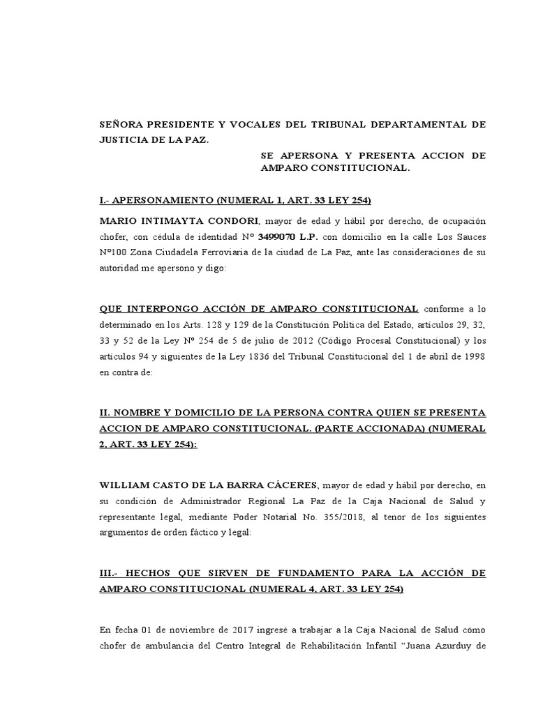Acción de Amparo por Derecho al Trabajo | PDF | Caso de ley | Derecho ...