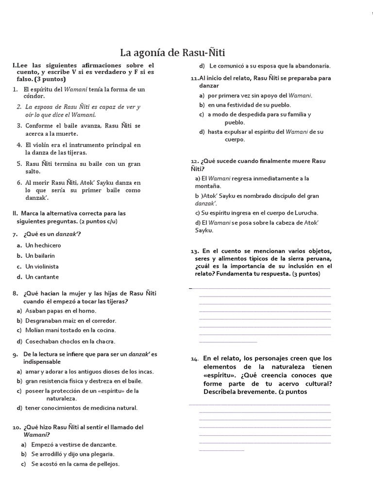 Preguntas sobre La agonía de Rasu-Ñiti | PDF