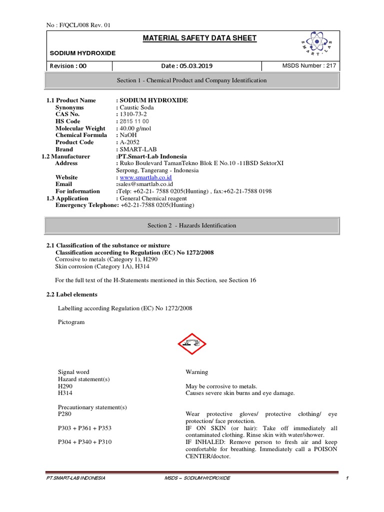 MSDS Sodium Hydroxide PDF Sodium Hydroxide Toxicity