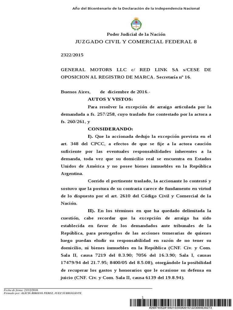 Sentencia Interlocutoria 1ra Instancia Excepcion Arraigo | PDF