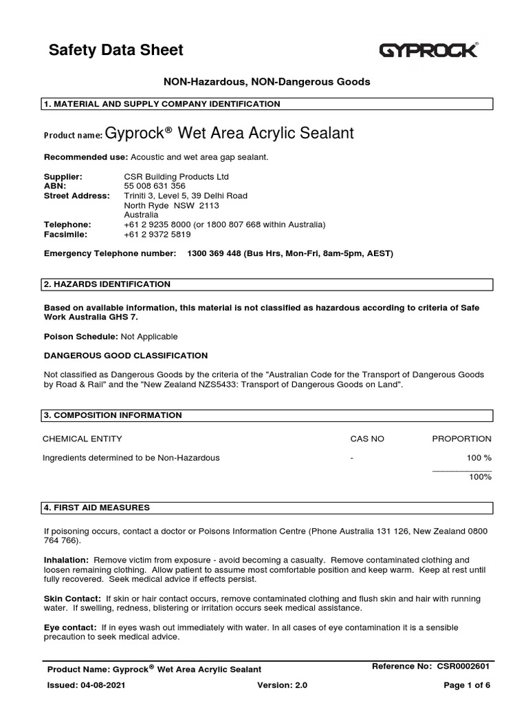 CSR GyprockSdsWet Area Acrylic Sealant PDF Dangerous Goods Toxicity