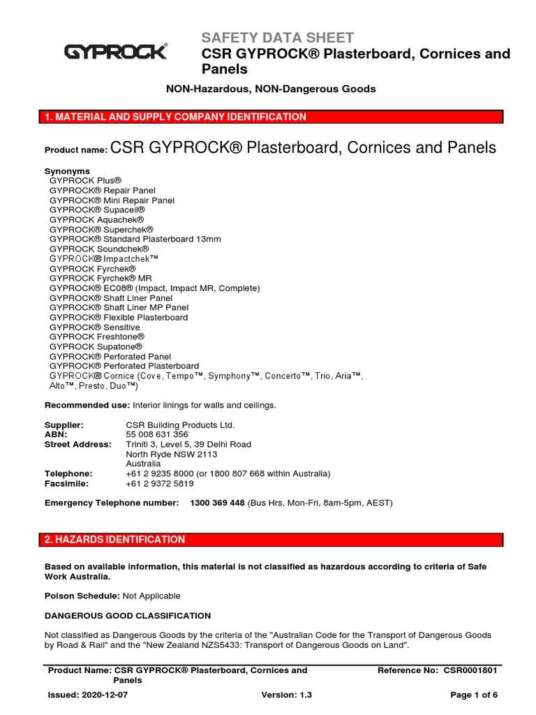 CSR Gyprock Plasterboard Cornices Ceiling Tiles SDS 7.12.2020 PDF Dangerous Goods