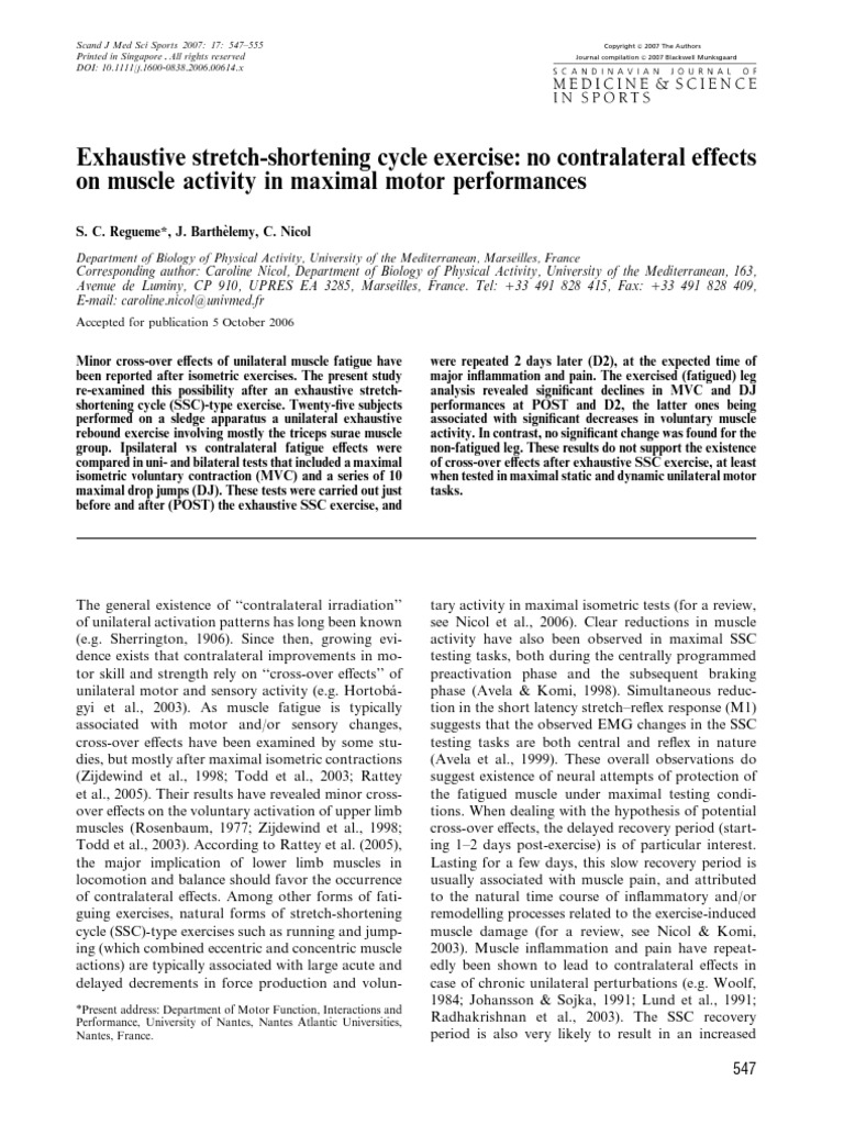 Exhaustive StretchShortening Cycle Exercise No Contralateral Effects