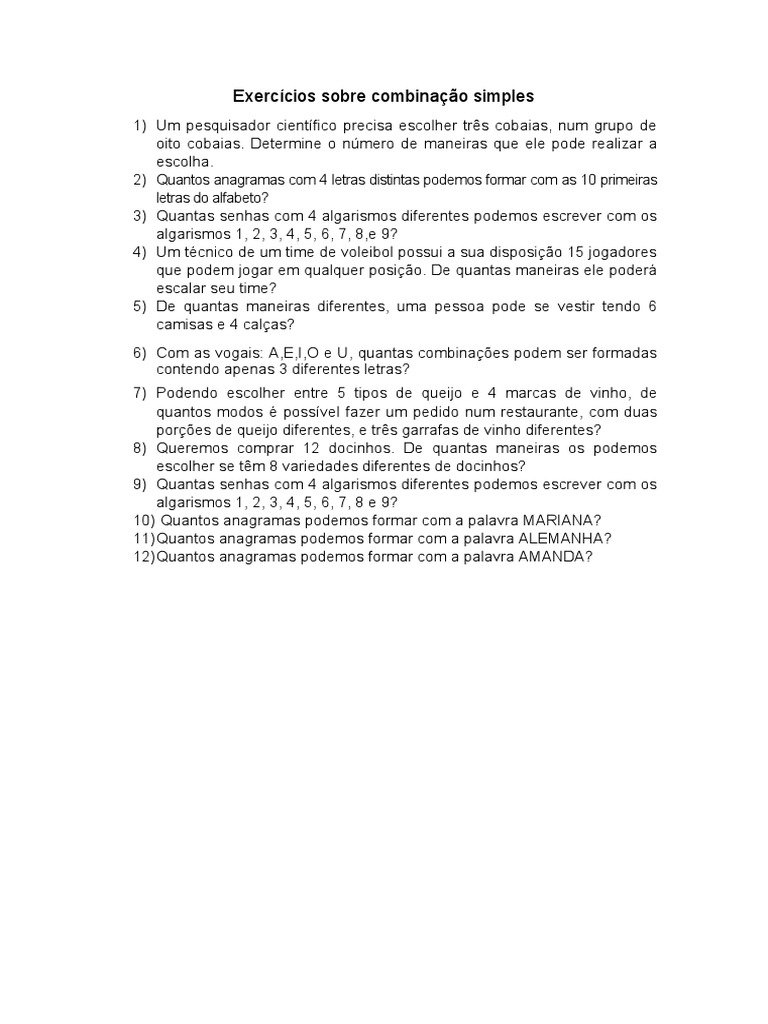 Exercícios de Combinação Simples | PDF
