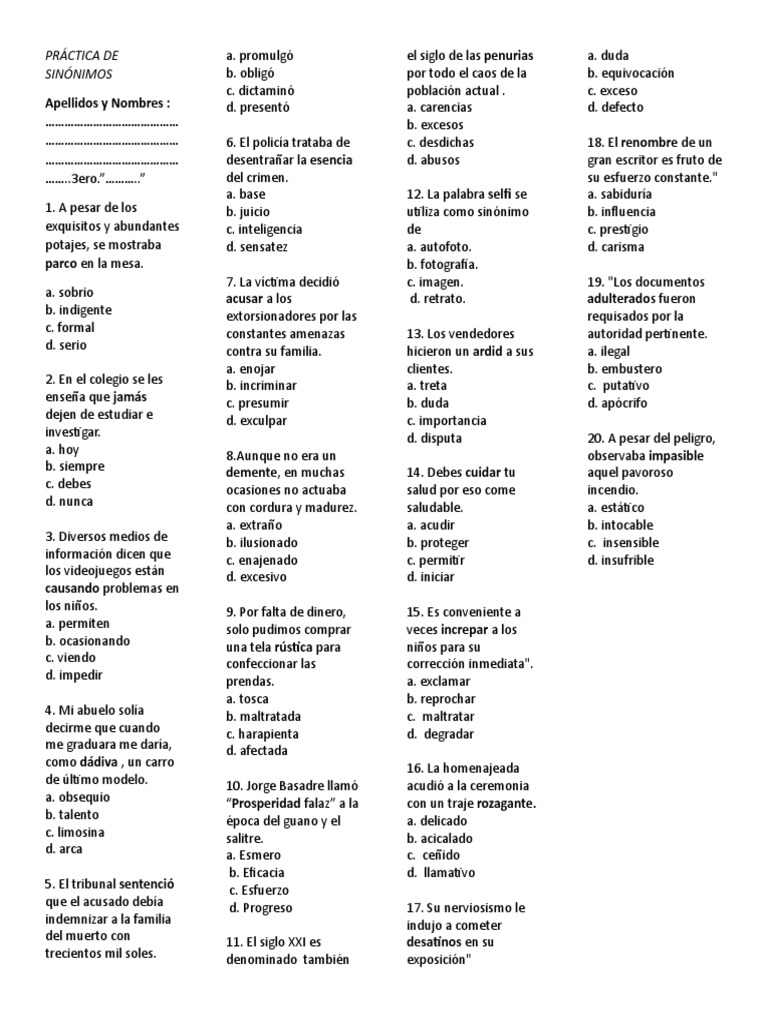 Práctica de Sinónimos | PDF