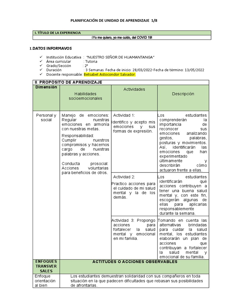 Plan de Acción para Salud Mental Escolar | PDF | Las emociones ...