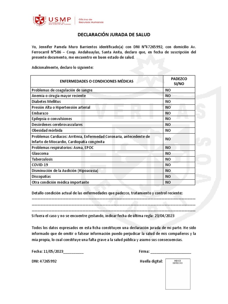 Declaración Jurada de Salud | PDF | Hipertensión | Enfermedades y ...