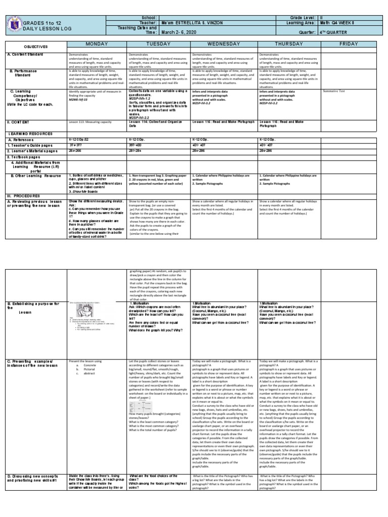 Math 2 - Q4 W8 DLL | PDF | Chart | Data
