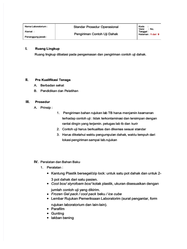 Ilide - Info Spo Pengemasan Dan Pengiriman Contoh Uji Dahak PR | PDF