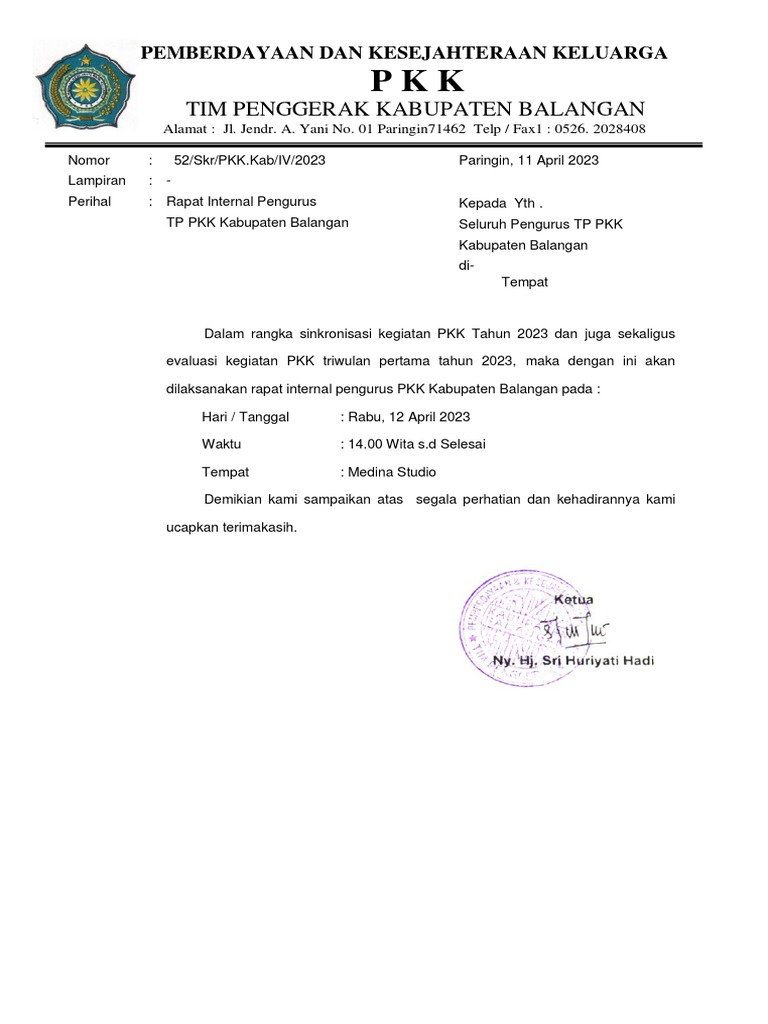 Undangan Rapat Internal PKK | PDF