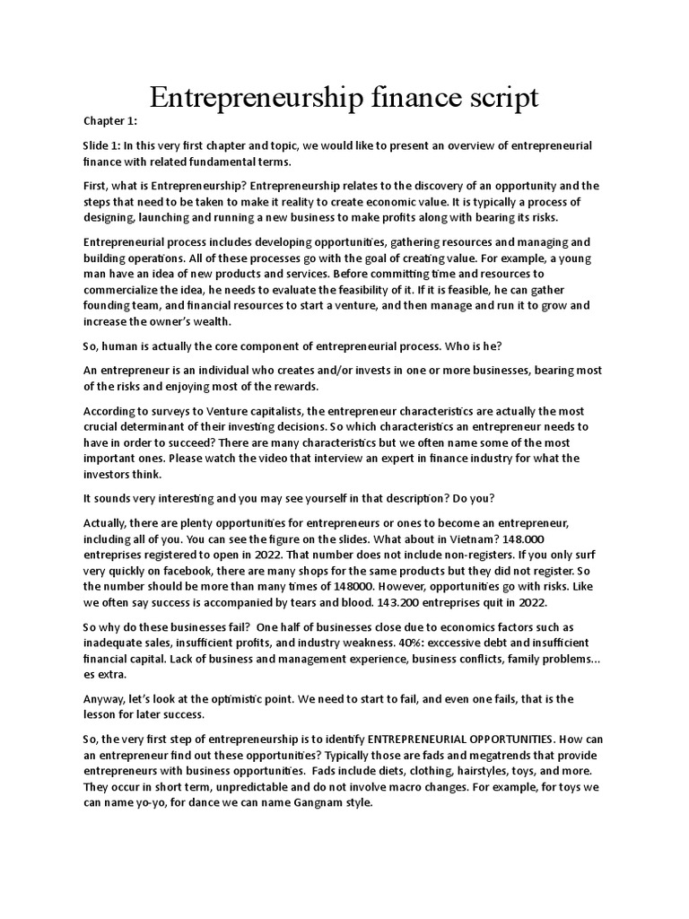 Entrepreneurship Finance Script PDF Entrepreneurship Business