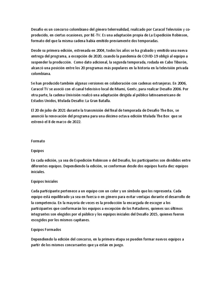 Desafio The Box PDF Programas de televisión Entretenimiento