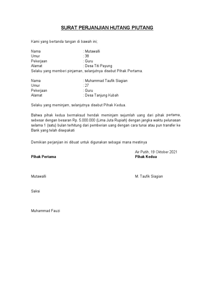 Contoh Surat Perjanjian Hutang Piutang Pdf