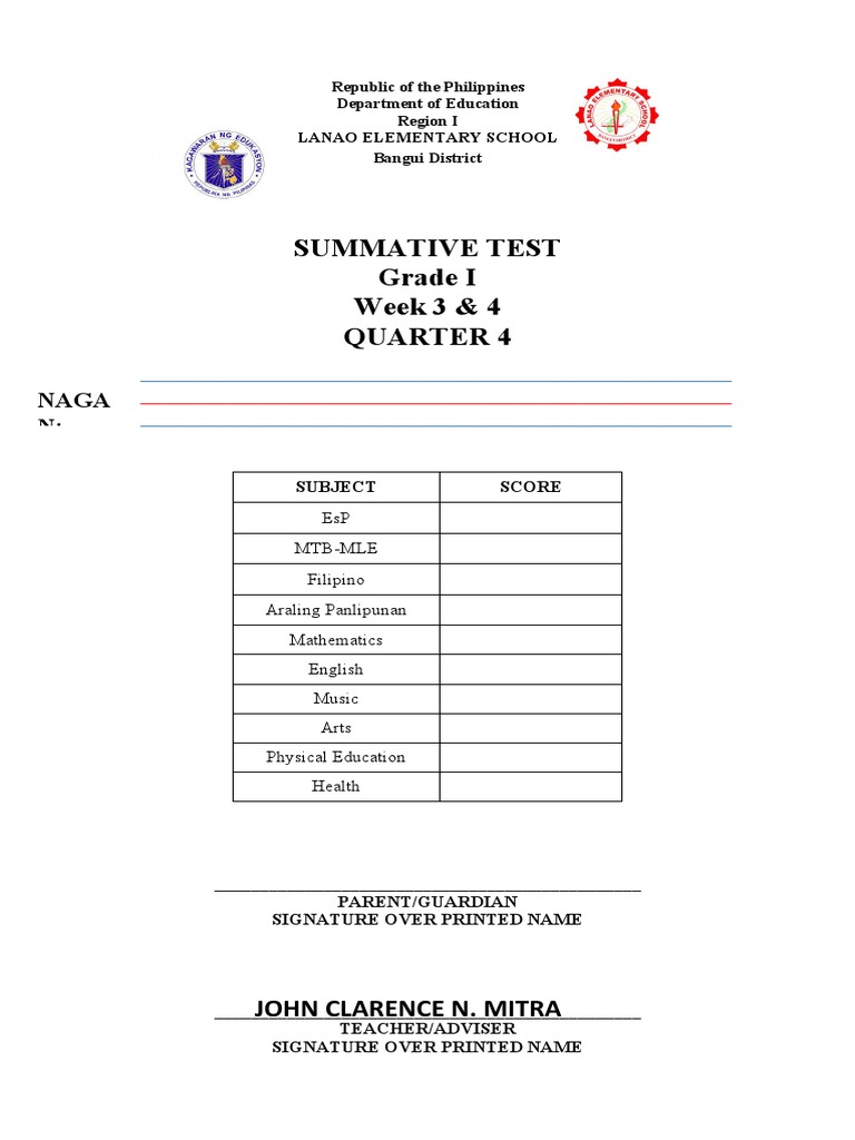 Summative Test Grade I Week 3 & 4 Quarter 4: Naga N | PDF