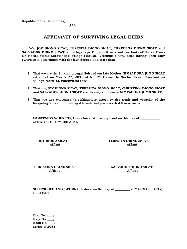 Affidavit of Surviving Legal Heirs | PDF