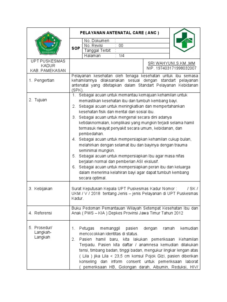 SOP Pelayanan Antenatal Care Puskesmas | PDF