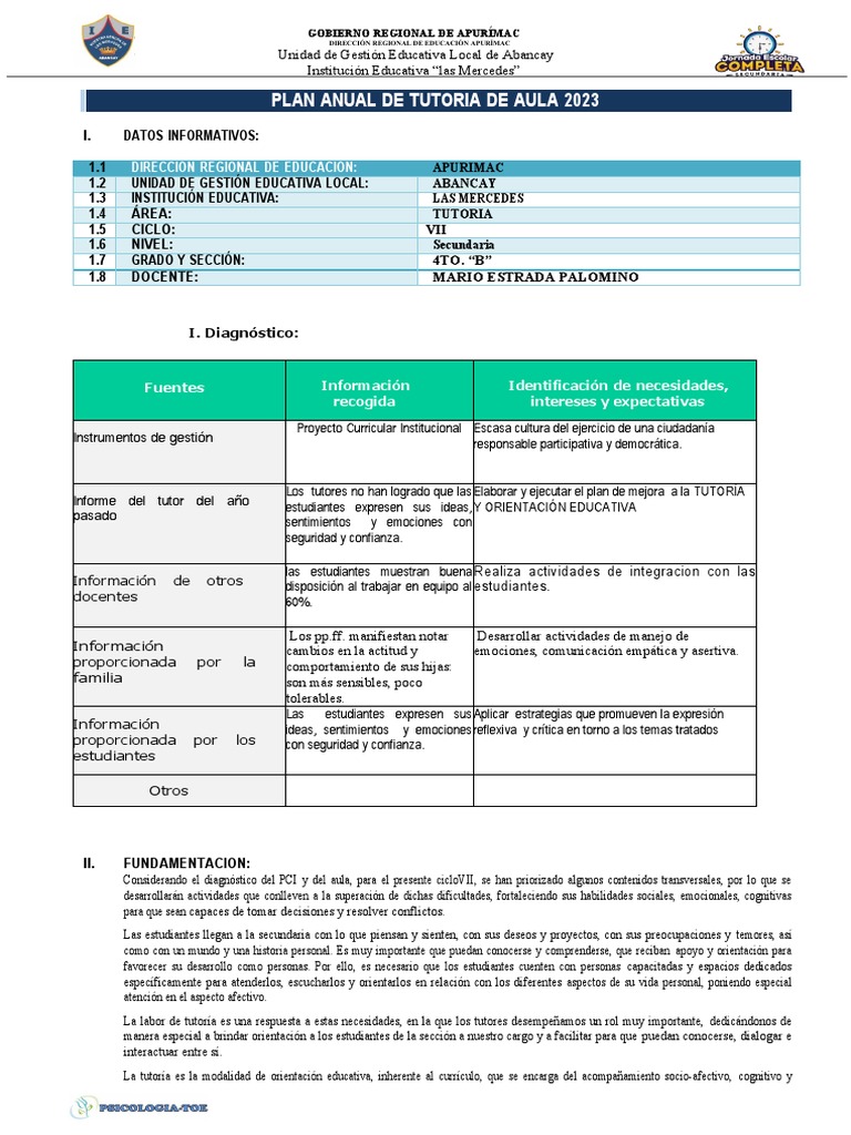 Plan Anual de Tutoría Secundaria 2023 | PDF | Aprendizaje