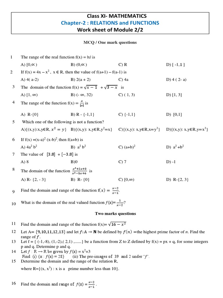 Class 11 Relations and Functions Worksheet | PDF | Function ...