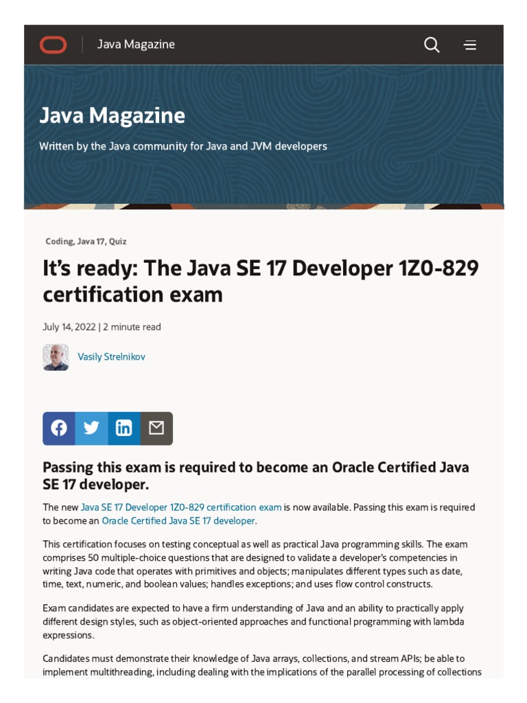 It's Ready - The Java SE 17 Developer 1Z0-829 Certification Exam | PDF ...