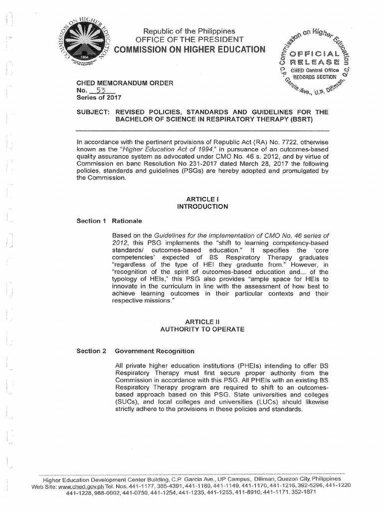CMO No. 53 Series of 2017 Revised Policies Standards and Guidelines For