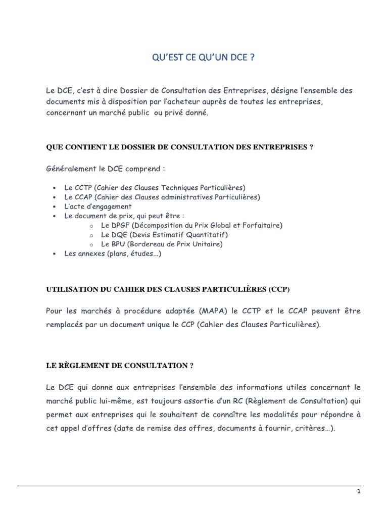 Dossier de Consultation Des Entreprises Ou DCE | PDF