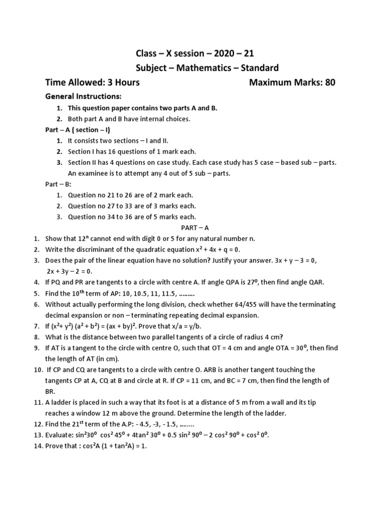Model Test Maths X 2020-21 | PDF | Circle | Area