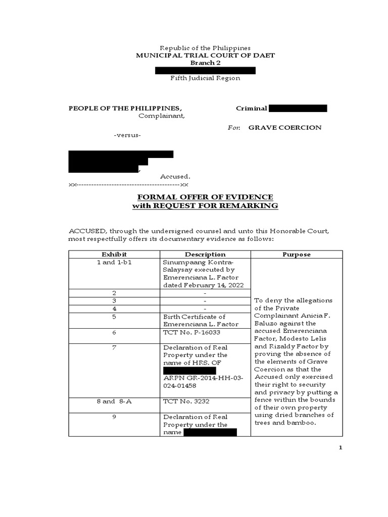 Formal Evidence Offer in Coercion Case | PDF | Common Law | Justice