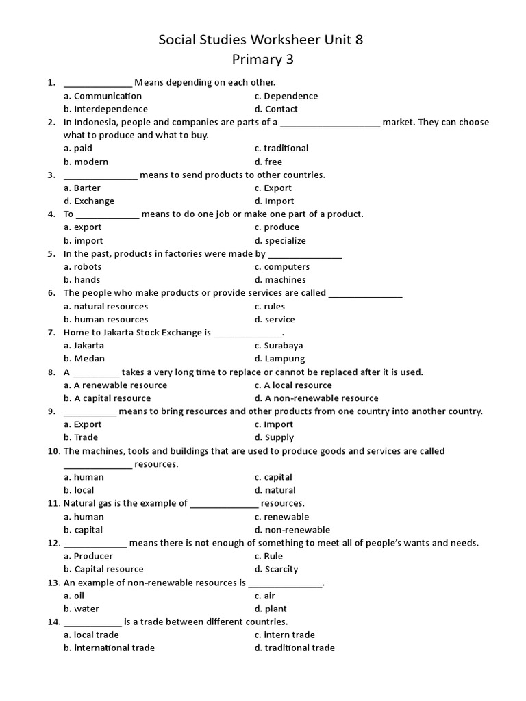 Social Studies Worksheer Unit 8 P3 PDF Resource Trade